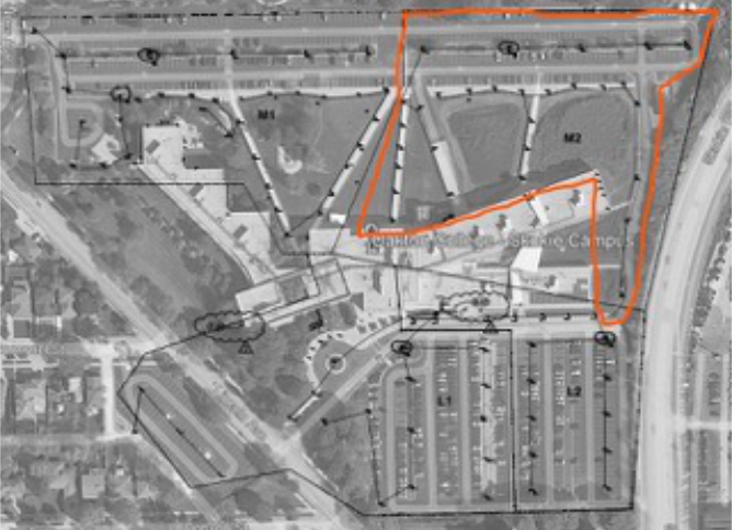 A satellite view of Oakton College's Mulford parking lot with an orange highlight around it to denote constuction.